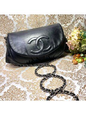 Chanel Half Moon Lambskin Chain Shoulder Bag Black